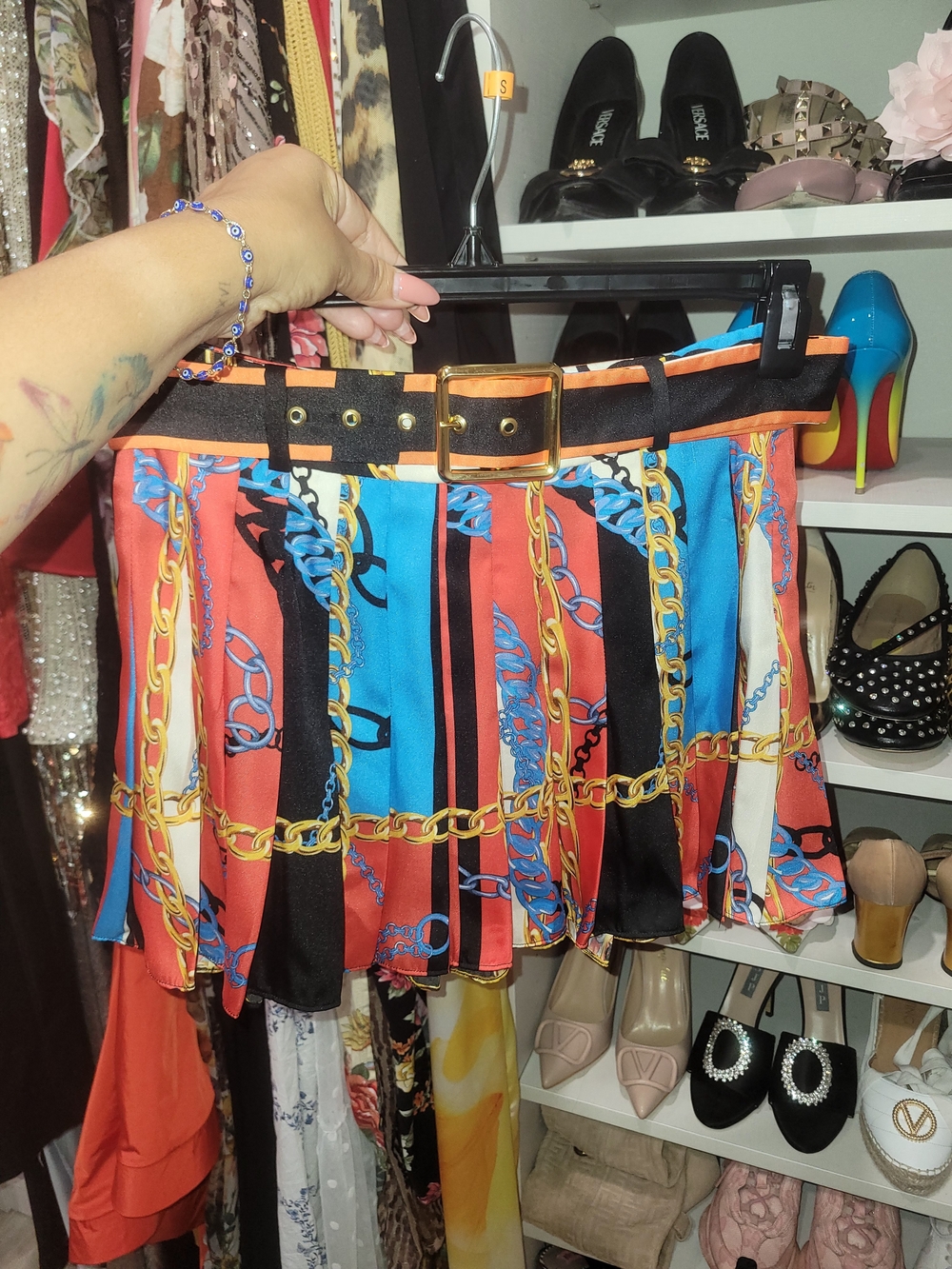 Zara Multi-Color Chain-Print Pleated Mini Skirt with Belt
